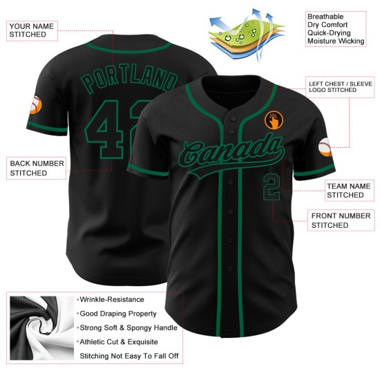 Maillot de baseball personnalisé Black-Kelly Authentic Noir Vert Maillot de baseball personnalisé Black-Kelly Authentic Noir Vert