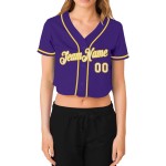 Maillot de baseball court personnalisé à col en V pour femme, blanc, or et violet Maillot de baseball court personnalisé à col en V pour femme, blanc, or et violet