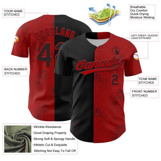 Maillot de baseball rose rouge noir, style authentique, motif gothique personnalisé 3D Maillot de baseball rose rouge noir, style authentique, motif gothique personnalisé 3D