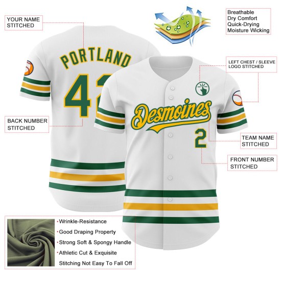 Maillot de baseball Kelly Line authentique blanc vert-or personnalisé Maillot de baseball Kelly Line authentique blanc vert-or personnalisé