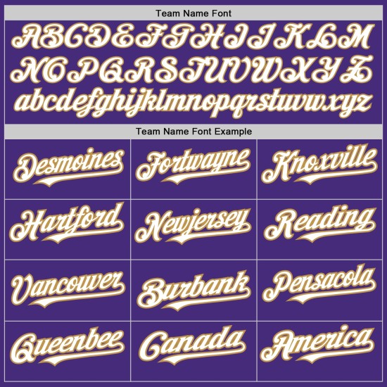 Maillot de baseball personnalisé violet, couleurs dorées, 3 formes blanches et anciennes, authentique Maillot de baseball personnalisé violet, couleurs dorées, 3 formes blanches et anciennes, authentique