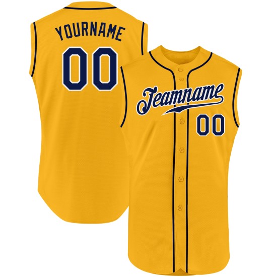 Maillot de baseball personnalisé sans manches bleu marine et blanc authentique doré Maillot de baseball personnalisé sans manches bleu marine et blanc authentique doré