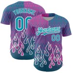Maillot de baseball rose 3D personnalisé bleu sarcelle-blanc, motif flamme authentique Maillot de baseball rose 3D personnalisé bleu sarcelle-blanc, motif flamme authentique