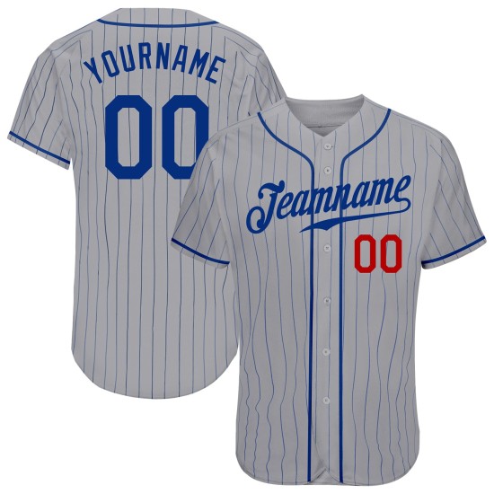 Maillot de baseball à rayures fines personnalisé Royal Authentic Royal-Rouge Gris Maillot de baseball à rayures fines personnalisé Royal Authentic Royal-Rouge Gris
