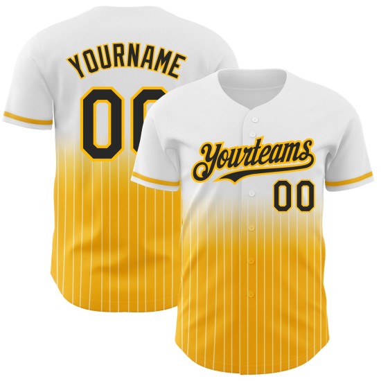Maillot de baseball blanc à rayures fines, dégradé personnalisé, noir et or, authentique Maillot de baseball blanc à rayures fines, dégradé personnalisé, noir et or, authentique