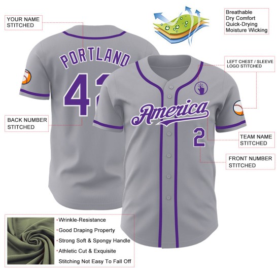 Maillot de baseball personnalisé violet-blanc authentique gris Maillot de baseball personnalisé violet-blanc authentique gris