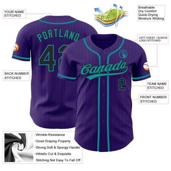 Maillot de baseball personnalisé authentique à rayures bleu sarcelle, violet et noir Maillot de baseball personnalisé authentique à rayures bleu sarcelle, violet et noir