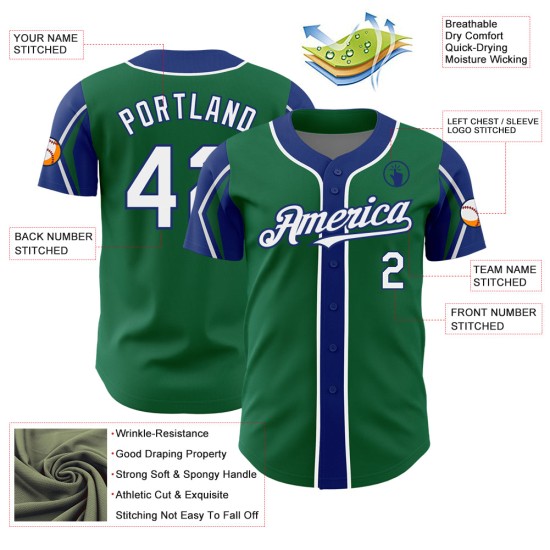 Maillot de baseball Kelly blanc-vert royal 3 couleurs, bras authentiques, formes personnalisées Maillot de baseball Kelly blanc-vert royal 3 couleurs, bras authentiques, formes personnalisées