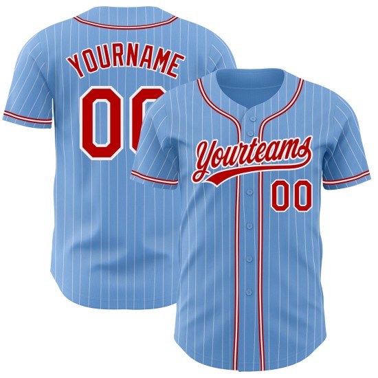 Maillot de baseball personnalisé authentique blanc à rayures fines bleu rouge Maillot de baseball personnalisé authentique blanc à rayures fines bleu rouge
