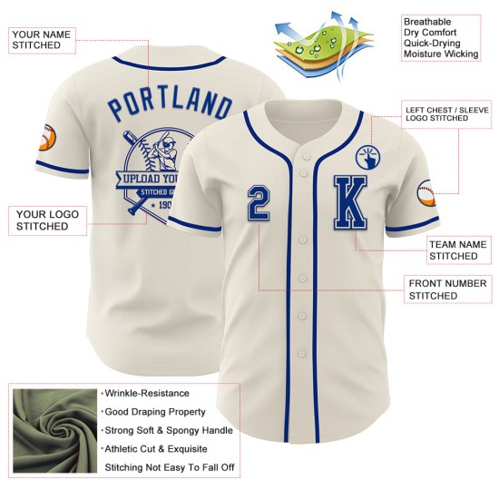 Maillot de baseball authentique personnalisé crème royal Maillot de baseball authentique personnalisé crème royal