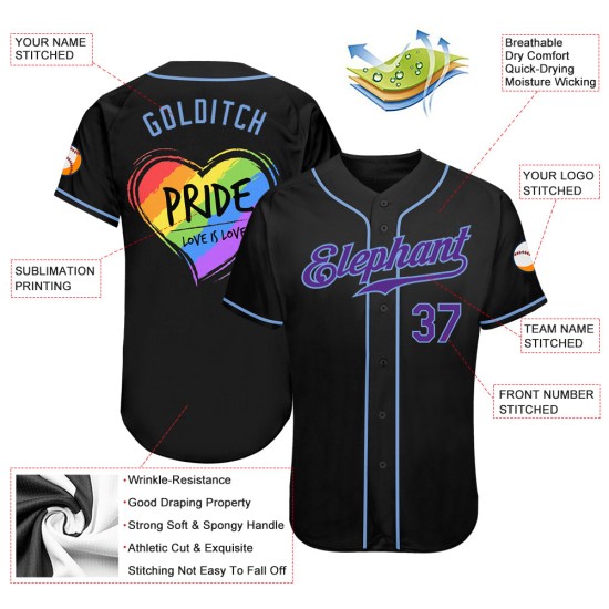 Maillot de baseball personnalisé Love For Heart bleu LGBT, couleur arc-en-ciel, violet clair, Love Is Pride, noir Maillot de baseball personnalisé Love For Heart bleu LGBT, couleur arc-en-ciel, violet clair, Love Is Pride, noir