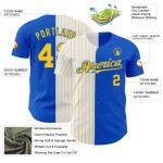 Maillot de baseball personnalisé Thunder Fashion à fines rayures bleu blanc jaune Maillot de baseball personnalisé Thunder Fashion à fines rayures bleu blanc jaune