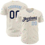 Maillot de baseball bleu marine et crème clair à motif authentique avec confettis 3D personnalisés Maillot de baseball bleu marine et crème clair à motif authentique avec confettis 3D personnalisés