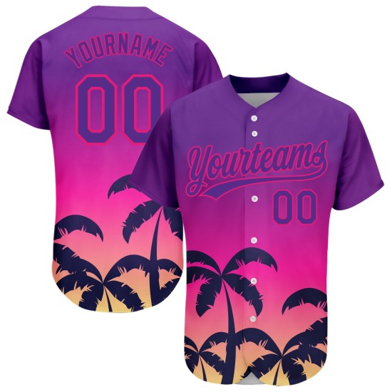 Maillot de baseball authentique Hawaii rose palmier, motif 3D violet, motif arbres, personnalisé Maillot de baseball authentique Hawaii rose palmier, motif 3D violet, motif arbres, personnalisé