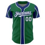 Maillot de baseball Kelly blanc-vert royal 3 couleurs, bras authentiques, formes personnalisées Maillot de baseball Kelly blanc-vert royal 3 couleurs, bras authentiques, formes personnalisées