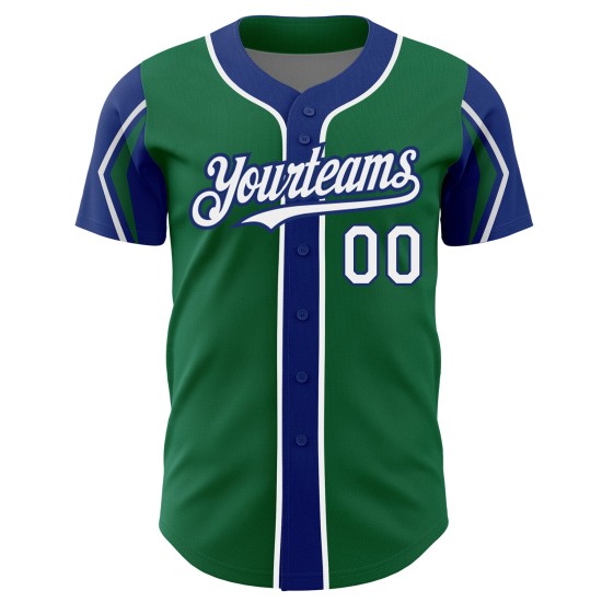Maillot de baseball Kelly blanc-vert royal 3 couleurs, bras authentiques, formes personnalisées Maillot de baseball Kelly blanc-vert royal 3 couleurs, bras authentiques, formes personnalisées