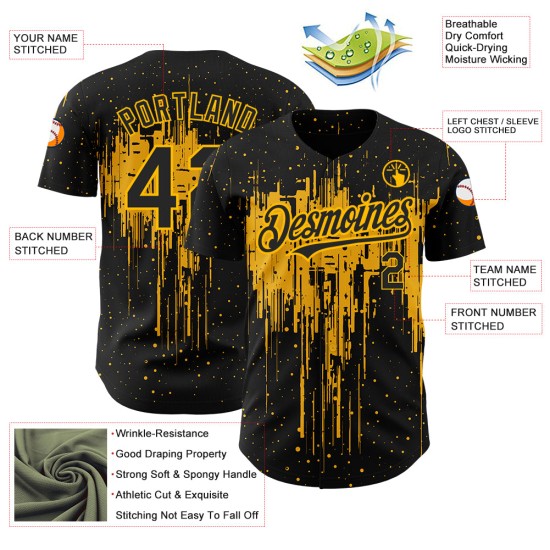 Maillot de baseball noir à motif dégoulinant et éclaboussures 3D, art authentique, personnalisé, doré Maillot de baseball noir à motif dégoulinant et éclaboussures 3D, art authentique, personnalisé, doré