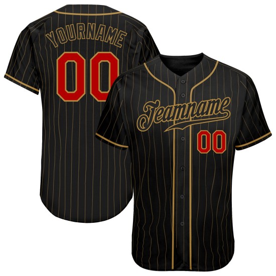 Ancien maillot de baseball noir authentique à rayures dorées et rouges Ancien maillot de baseball noir authentique à rayures dorées et rouges