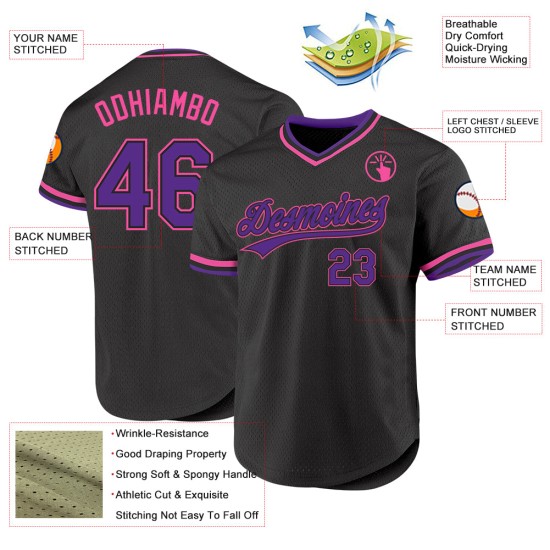 Maillot de baseball personnalisé violet-rose noir rétro authentique Maillot de baseball personnalisé violet-rose noir rétro authentique